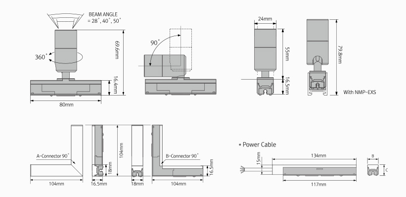 Feelux MonoRail 2 - NMP external dimensions diagram