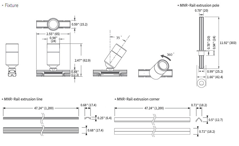 Feelux Monorail Pro Spot HO external dimensions diagram